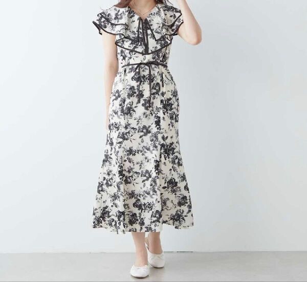 OLIVE des OLIVE 単色花柄重ね襟マーメイドワンピース ケープワンピース ワッフルカラーワンピース オリーブデオリーブ