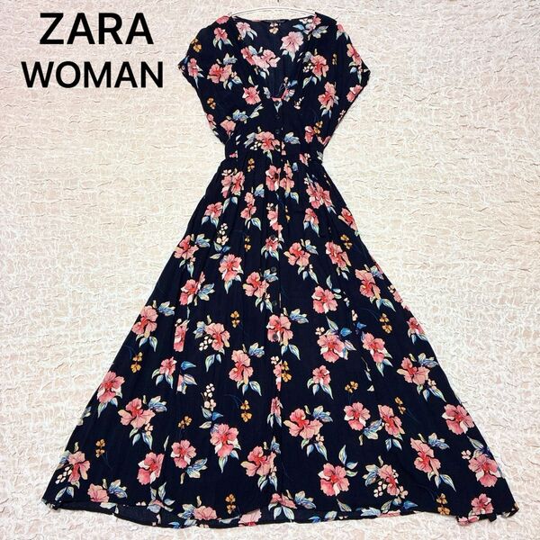 ZARA WOMAN ザラウーマン 花柄 ロングフレア シャツワンピース 総柄 ボタニカル柄 Aライン マキシ丈 ブラック 黒