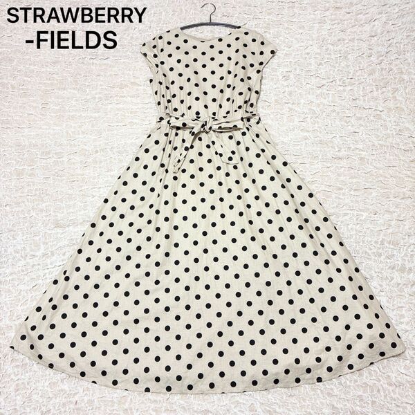 STRAWBERRY-FIELDS ストロベリーフィールズ リネン混 ドット柄ワンピース ウエストリボン Aライン 麻混 ロング丈