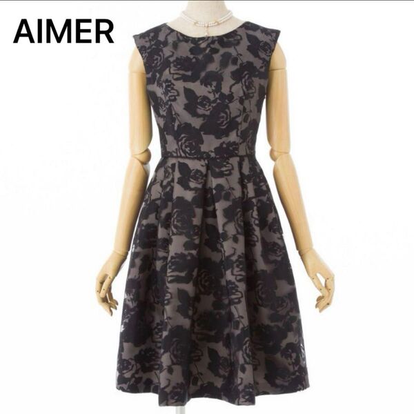 AIMER エメ 花柄 パーティードレス ノースリーブワンピース レースアップ 結婚式 お呼ばれ フォーマル セレモニー バラ