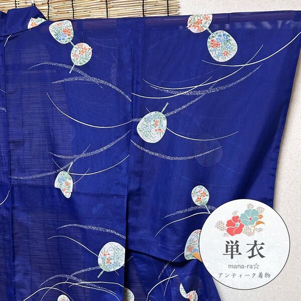 美品 単衣 小紋 絽 薄物 芝草 団扇 身丈164㎝ 花火大会 伝統 k097