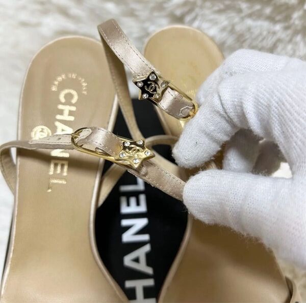 【高級】CHANEL シャネル ココマーク ラインストーン サンダル 38ハーフ