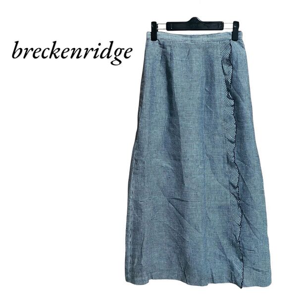 【0119】breckenridge フリルスカート 麻混 キュプラ チェック柄 黒×水色 大人可愛い
