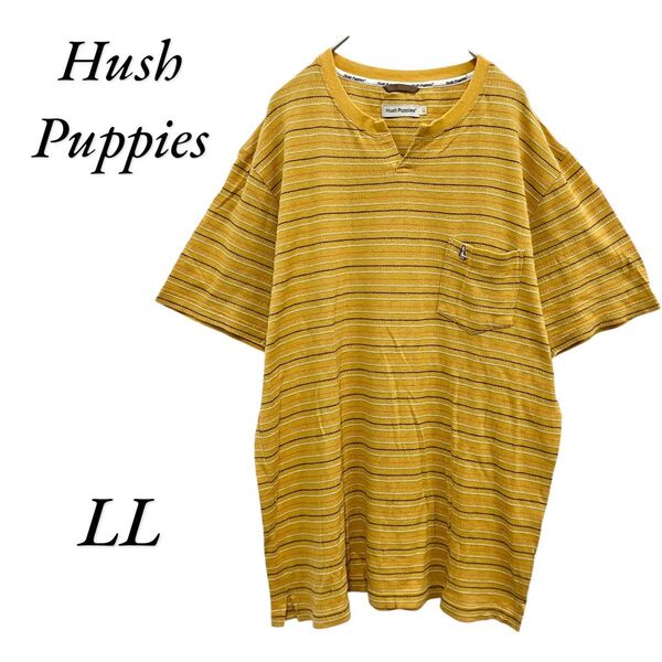 【0133】ハッシュパピー Hush Puppies ボーダー柄Tシャツ LL イエロー系 麻混