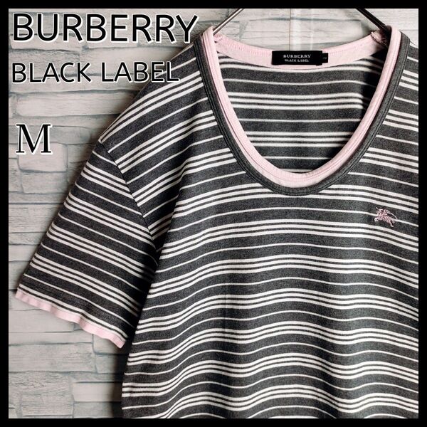 【人気】バーバリーブラックレーベル☆刺繍ロゴ付レイヤード風Tシャツ M 半袖 ボーダー Uネック カットソー BURBERRY