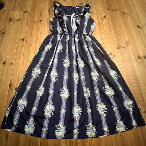 axes femme フリルリボン ワンピース M ライン 薔薇 アクシーズファム ネイビー バラ 花柄 Aライン ワンピース