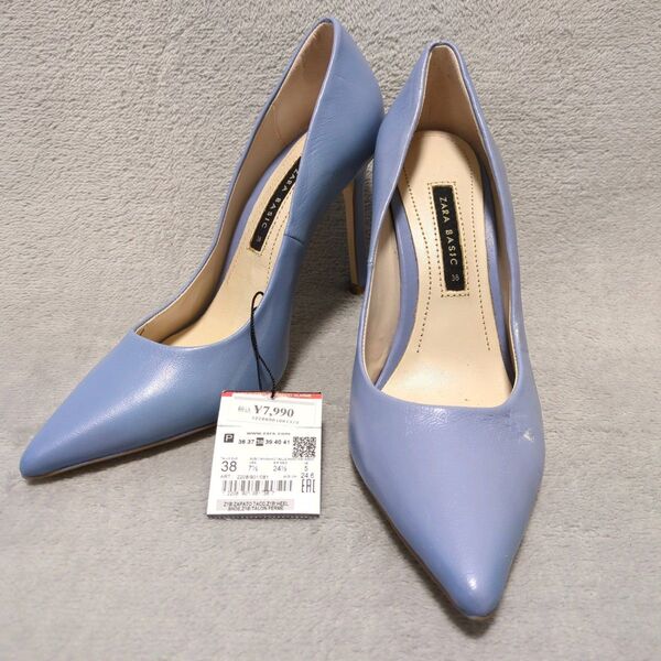 タグあり♪【ザラベーシック】ZARA basic(38) パンプス ポインテッドトゥ ハイヒール ピンヒール ライトブルー系