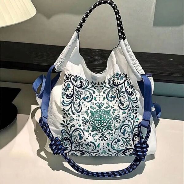 ショルダーベルト付 エコバッグ ボールアンドチェーン トートバッグ 白 花柄 ハンドバッグ 刺繍 ナイロン