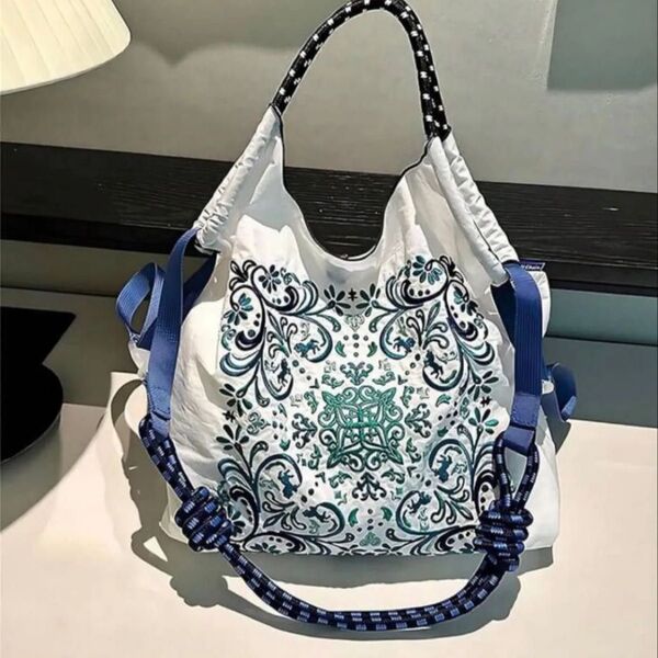 ショルダーベルト付 トートバッグ エコバッグ ボールアンドチェーン ハンドバッグ 白 花柄 ショルダー キャンバス ナイロン