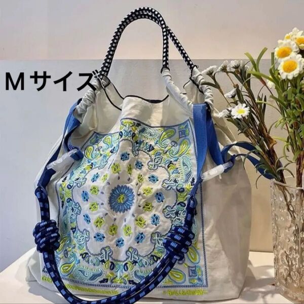 ショルダー紐つき エコバッグ トートバッグ ボールアンドチェーン 刺繍 ペイズリー ダマスク 花柄