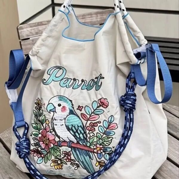 ショルダー紐つき 刺繍 エコバッグ トートバッグ ボールアンドチェーン インコ 鳥