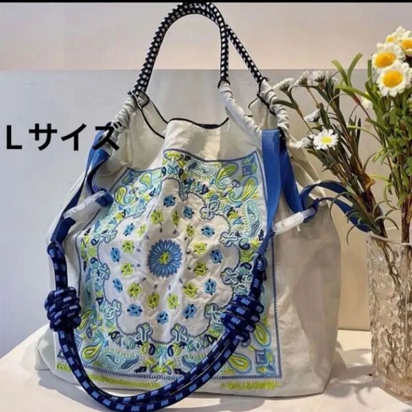 Lサイズ 刺繍 トートバッグ エコバッグ ハンドバッグ ボールアンドチェーン 花柄 大容量