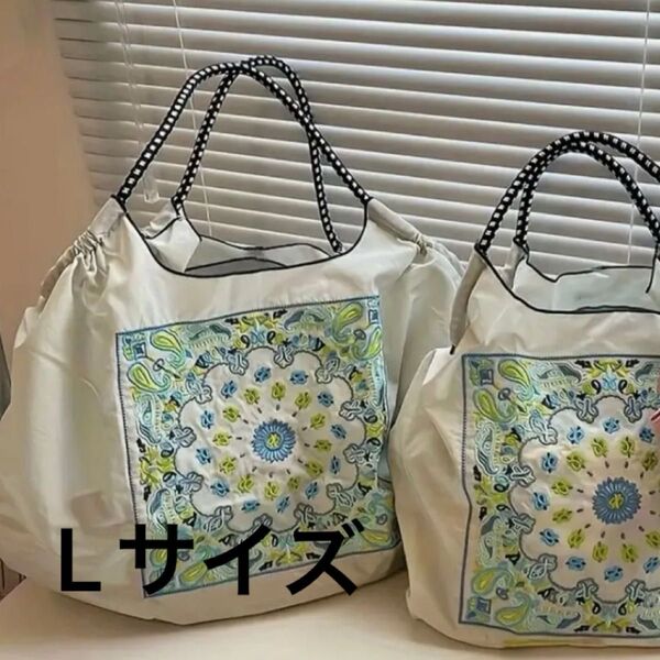 Lサイズ トートバッグ エコバッグ 花柄 刺繍 大容量 ボールアンドチェーン