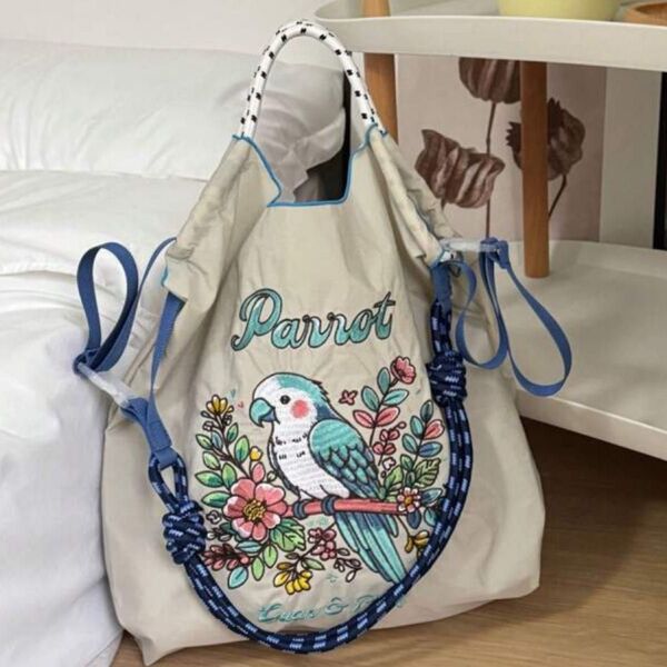 ショルダーベルト付 エコバッグ ボールアンドチェーン トートバッグ 花柄刺繍 M 大容量