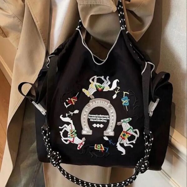 ショルダーベルトつき 2way ボールアンドチェーン 刺繍 エコバッグ トートバッグ