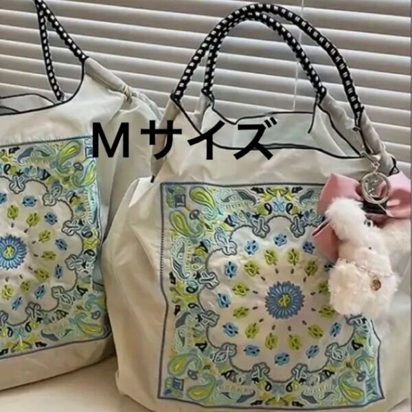 花柄 Mサイズ エコバッグ 軽量 撥水 大容量 刺繍 バンダナ柄 トートバッグ ボールアンドチェーン