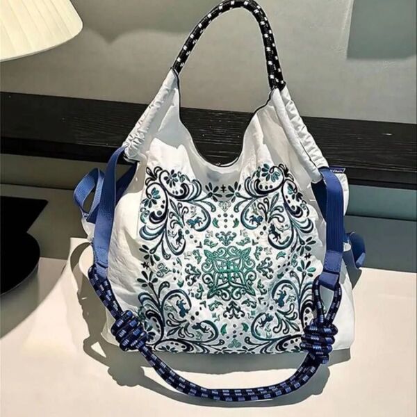 ショルダーベルト付 エコバッグ ボールアンドチェーン トートバッグ ハンドバッグ 白 花柄 刺繍