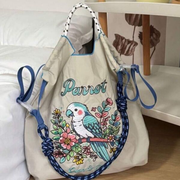 ショルダーベルト付 エコバッグ トートバッグ ボールアンドチェーン 花柄刺繍 M 花柄 いんこ 鳥 ナイロン 軽量