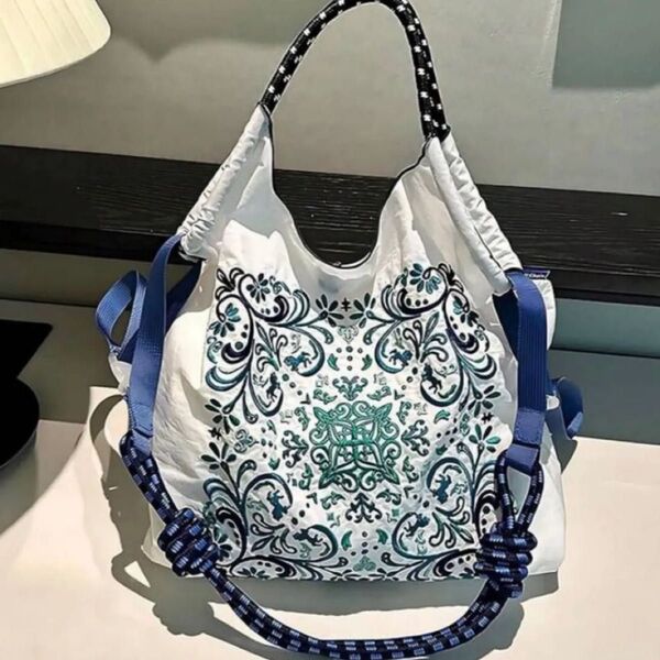 ショルダーベルト付 エコバッグ ボールアンドチェーン トートバッグ 花柄 ペイズリー柄 可愛い ナイロン 軽量 刺繍