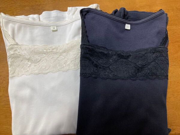 Tシャツ レース コットン100 白黒2枚組 七分袖 インナー
