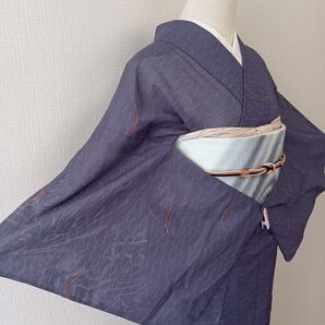 紫・グレー系 芝草模様小紋 絽・夏物・単衣 化繊