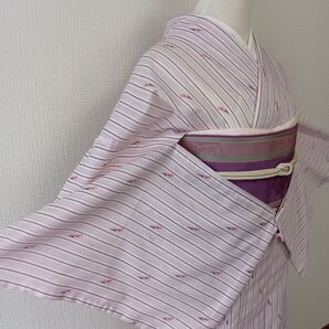 ピンク系 縞・旗みたいな模様 小紋 絽・夏物・単衣 化繊