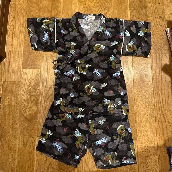 甚平 総柄 綿100% 龍 ブラック 子供甚平