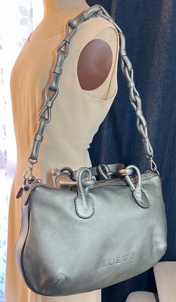 正規品 ロエベ 2way ショルダーバッグ メタリック グリーン フィエスタ レザー トートバッグ