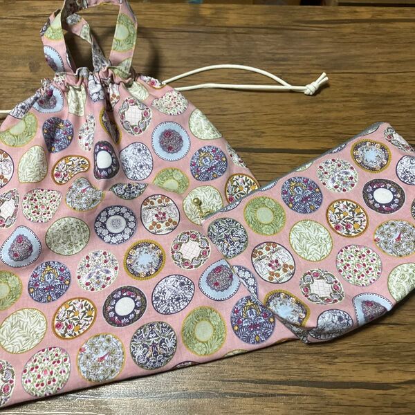 【セット】巾着付きトート&20cmポーチ(Art Nouveau) ハンドメイド 巾着 トートバッグ サブバッグ ファスナーポーチ