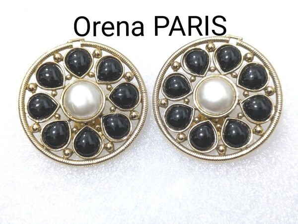 Orena PARIS オレナ パール ブラック×ゴールド イヤリング ヴィンテージ アクセサリー