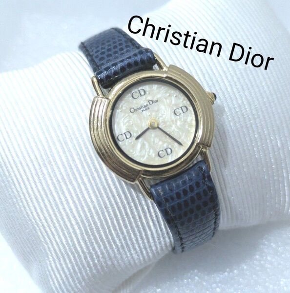 Christian Dior クリスチャン ディオール 腕時計 ゴールド ネイビー レザーバンド クォーツ ジャンク