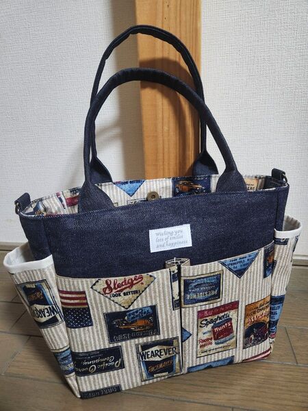 岡山デニム◆ヒッコリーワッペン柄◆ポケット沢山付きトートバッグ◆2way◆ハンドメイド◆