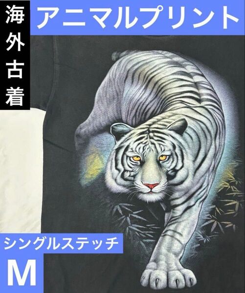 90s US海外古着 アニマルプリントTシャツ ホワイトタイガー シングルステッチ M