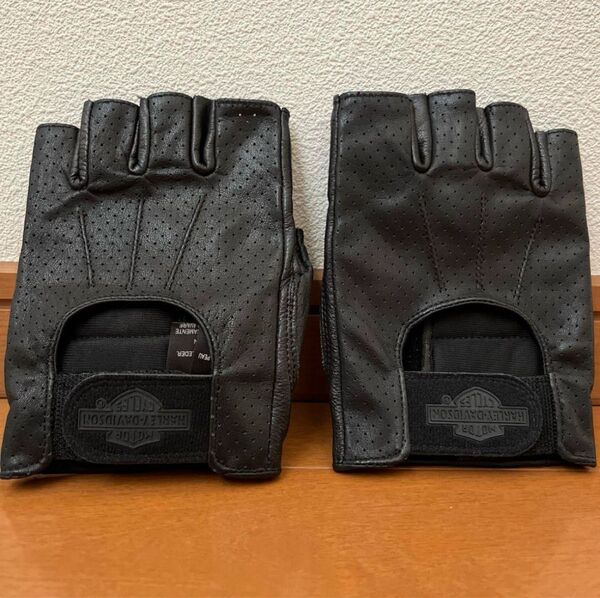 Harley-Davidson ハーレーダビッドソン 牛革製フィンガーレスグローブ指なし【L】レザーグローブ パンチング ブラック