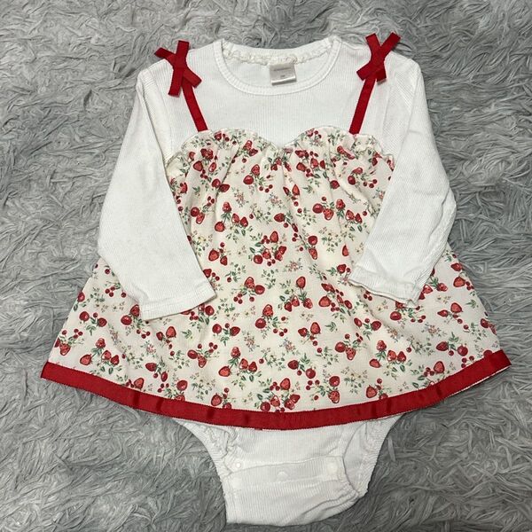 フタフタ バースデイ 長袖 イチゴ柄 ロンパース ベビー服 カバーオール 80cm