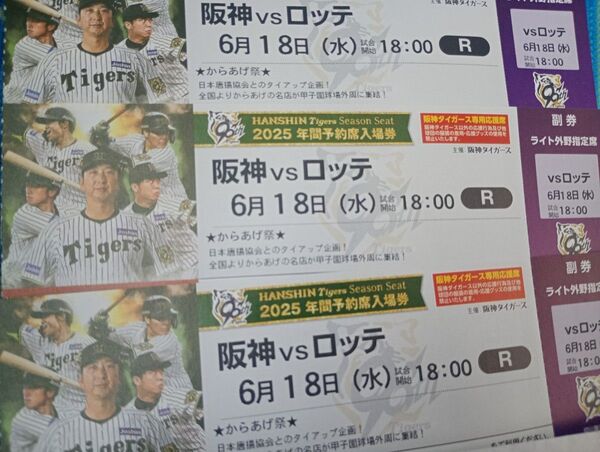 阪神vsロッテ 6/18(水) 3枚セット