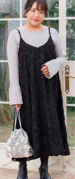 しまむら Hina Style 花柄ジャガードキャミワンピース ブラック 3L ゆったりサイズ 大きいサイズ ワンピース