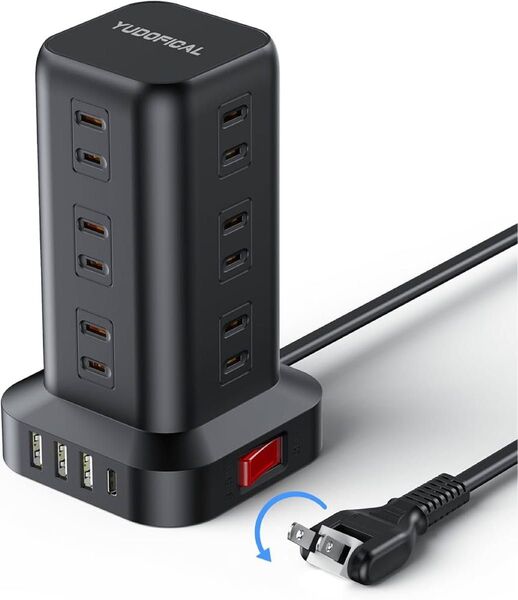 電源タップタワー コンセントusb付き 12個AC口 3USB-Aと1Type-Cポート付き2m延長コード180°スイングプラグ