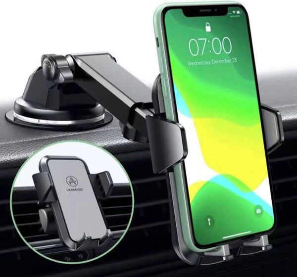 車載ホルダー スマホホルダー 2in1 粘着ゲル吸盤&エアコン吹き出し口式兼用 安定性 360度回転 (アーム:ブラック、グレー)