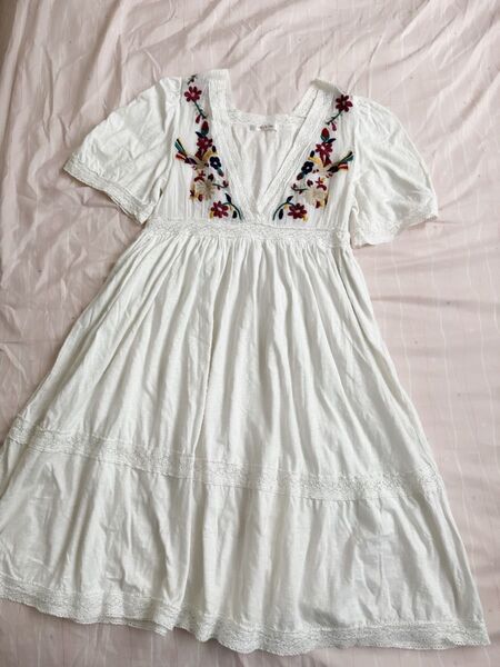 刺繍 ワンピース レース ホワイト カジュアル 可愛い チュニック 古着 レース 半袖 チュニック
