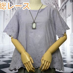 総レース 裾袖 スカラップ レース チュニック ブラウス 花柄 半袖ブラウス 総刺繍 コットン100%