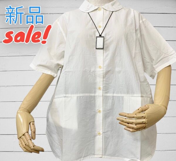 新品 半袖 前開き チュニック ブラウス 丸襟 綿 春夏 ナチュラル 高密度 先染め コットン ウオッシュ加工 無地
