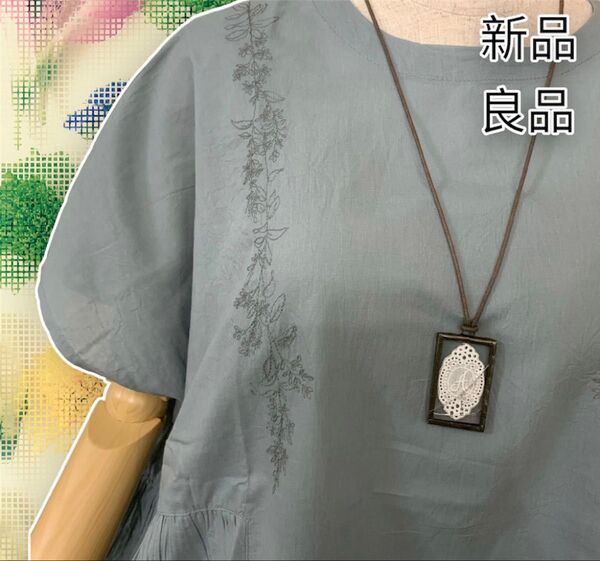 激安 新品 薄手 半袖 花柄 刺繍 プルオーバー ブラウス グリーン 綿 コットン ナチュラル フラワー 刺繍