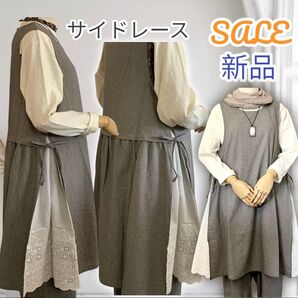 新品 激安 サイド リボン スカラップレース ノースリーブ ワンピース チュニック エプロン ドレス 白黒 千鳥格子 ナチュラル
