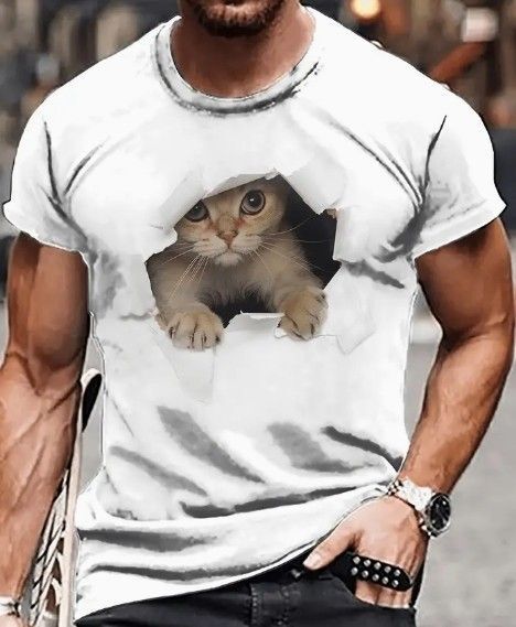 送料無料!Tシャツ【壁から飛び出る茶白子猫】欧米M(日本Lサイズ)シャツメンズレディース・おしゃれ・おもしろ