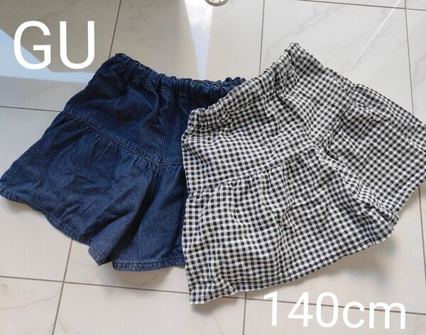 GU スカートパンツ 140cm デニム チェック パンスカ キュロットスカート