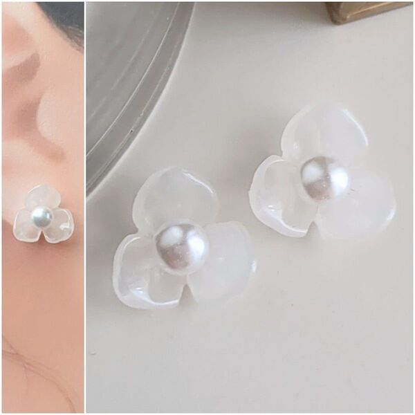 【No.342】 ハンドメイド イヤリング ノンホールピアス 樹脂イヤリング パール フラワー 花 アレルギー対応 小さめ 軽い