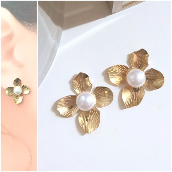 【No.4】 ハンドメイド イヤリング ノンホールピアス 樹脂イヤリング パール フラワー 花 アレルギー対応 小さめ 軽い