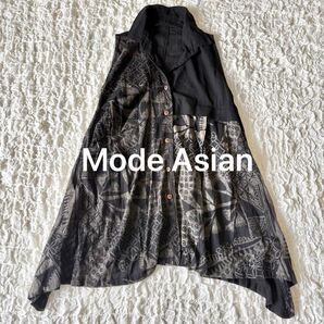 Mode Asian アジアン柄切替えシャツ ブラウス ベスト ジレ 黒 ノースリーブ