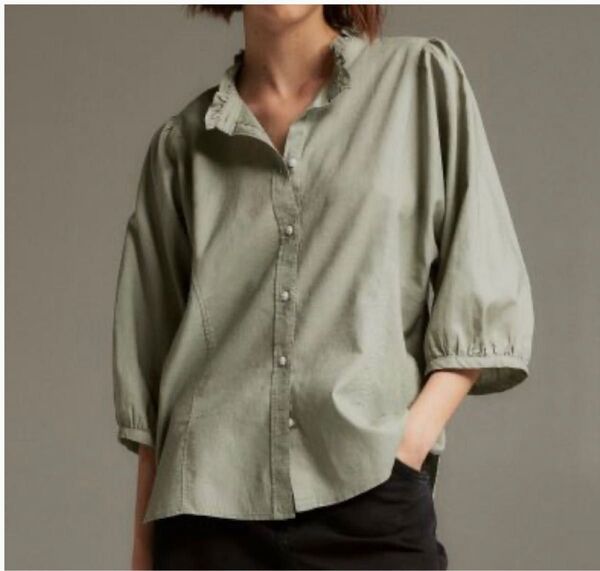 【美品】H&M*骨格ウェーブ向け◎リネン混フリルブラウス◇涼感ミントグリーン系五分袖